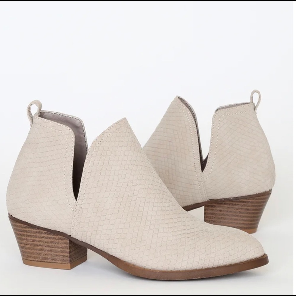 Caring Pale Taupe Snake Pointed-Toe Ankle Booties!